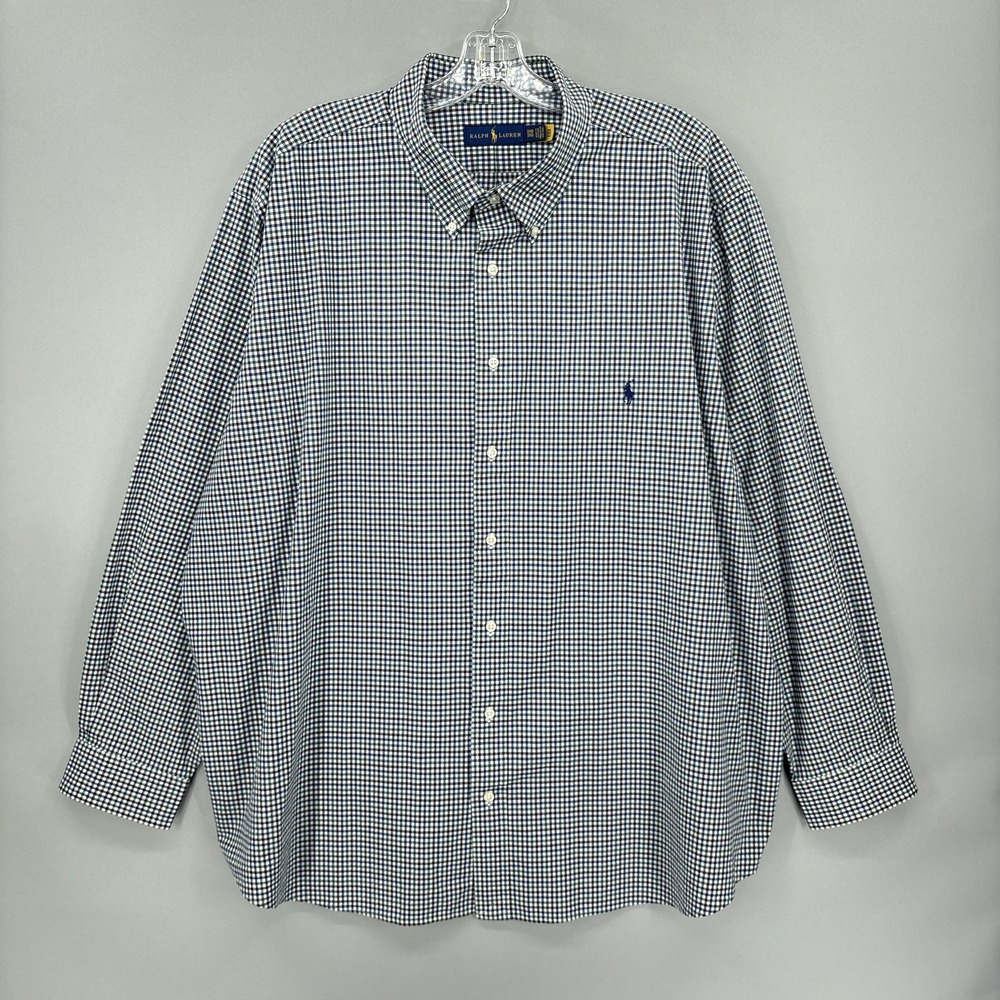 Ralph Lauren Shirt Mens Big 3X Blue Green Check Button Down Long Sleeve Stretch - Picture 9 of 14